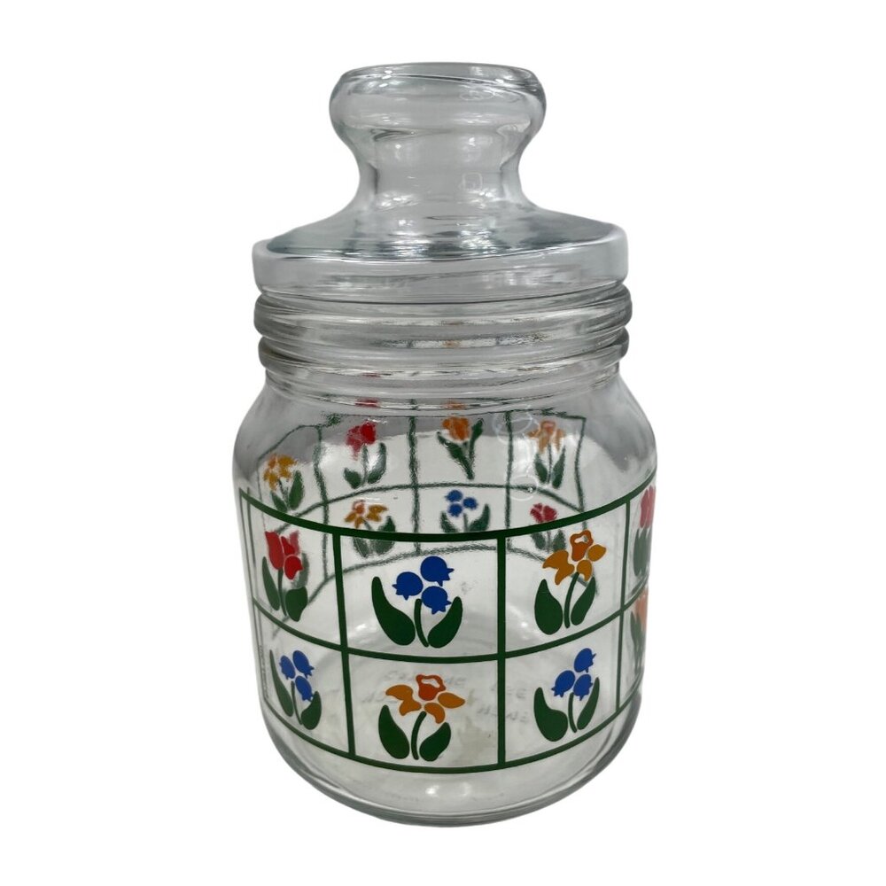 1983 Anchor Hocking Nina Glass Canister w/Colorful Tulips & Glass Lid - Picture 5 of 10